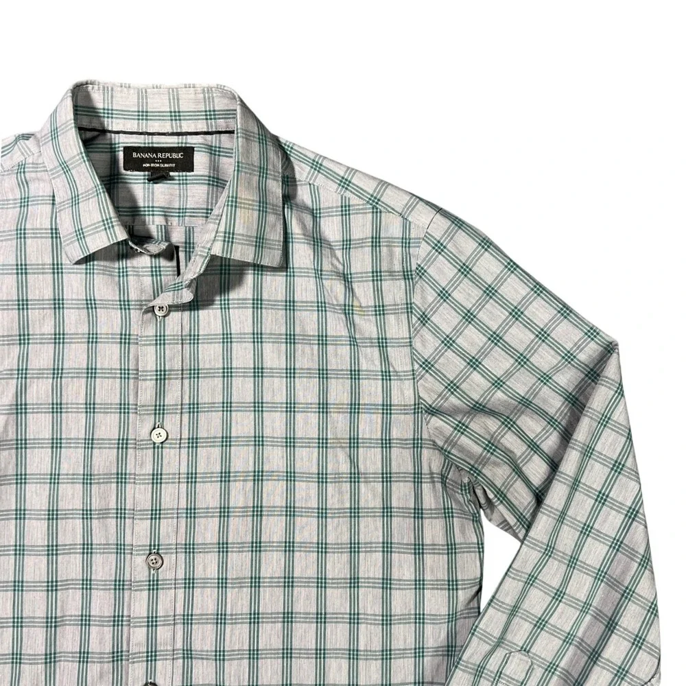 Banana Republic Men's Medium‎ Non-Iron Slim Fit Plaid Dress Shirt Green Grey